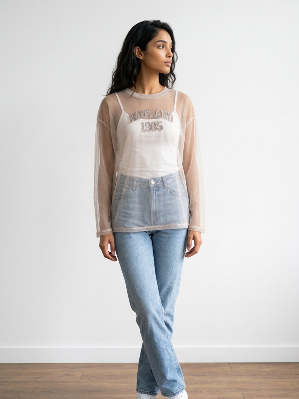 Sheer Pink Mesh Long-Sleeve Blouse